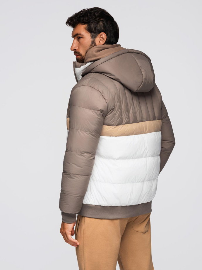 Vyriška spalvinga retro sportinė striukė - smėlio ir baltos spalvos V2 OM-JALP-0296