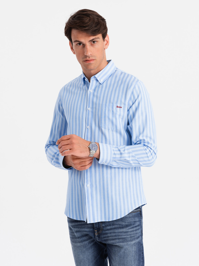 Men's REGULAR FIT shirt in white stripes with pocket - blue V2 OM-SHOS-0171