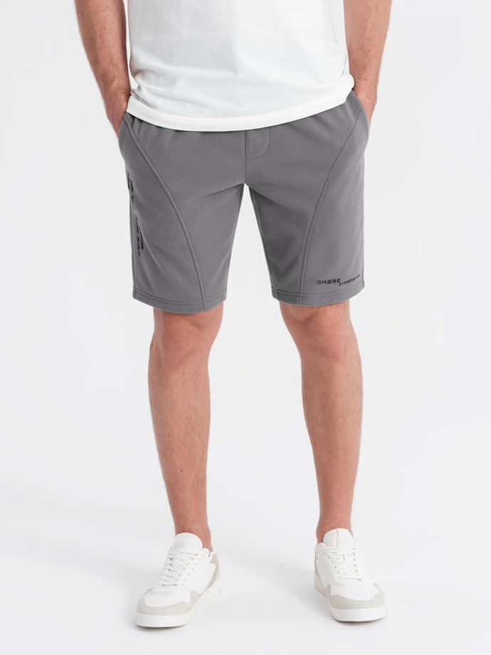 Fitted men's printed short sweat shorts - grey V3 OM-SRSK-0138