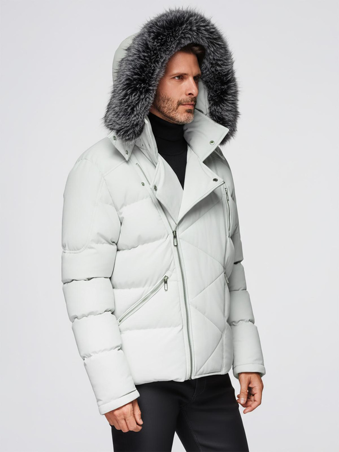 Men's quilted jacket with hooded ramonesque cut - light grey V4 OM-JAHP-0252