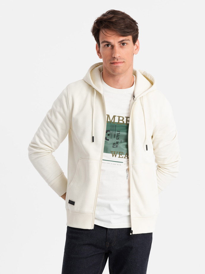 Men's unbuttoned cotton BASIC sweatshirt - cream V5 OM-SSBZ-0160