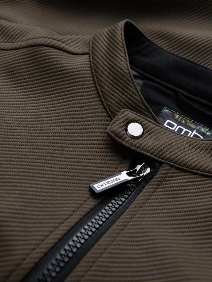 Men's BIKER jacket in structured fabric - dark olive green V1 OM-JANP-0138