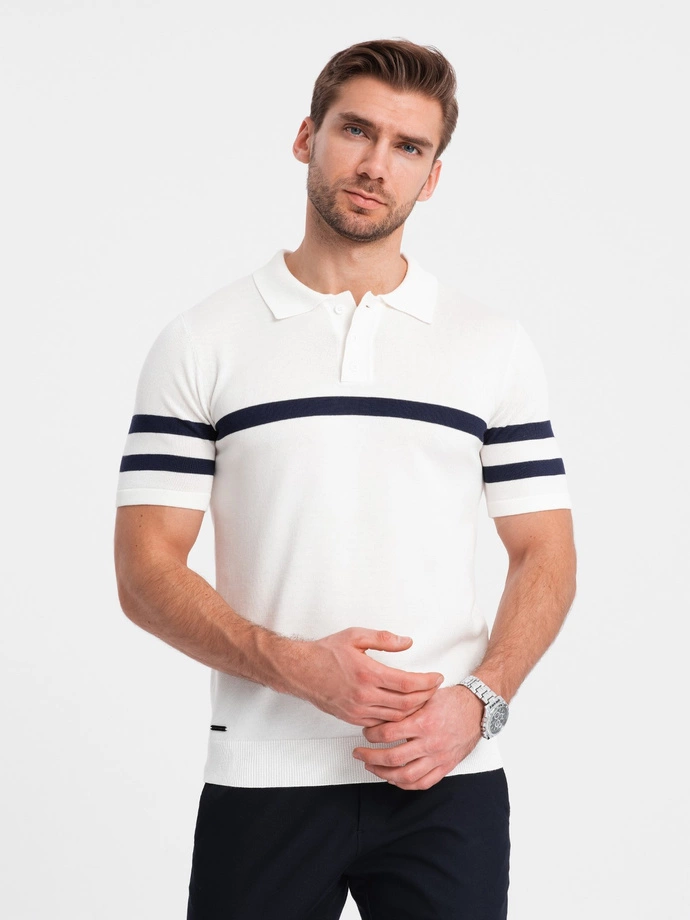 Men's soft knit polo shirt with contrasting stripes - white V1 OM-POSS-0118