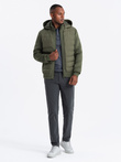 Men's quilted bomber jacket with high collar - dark olive green V3 OM-JALP-0140