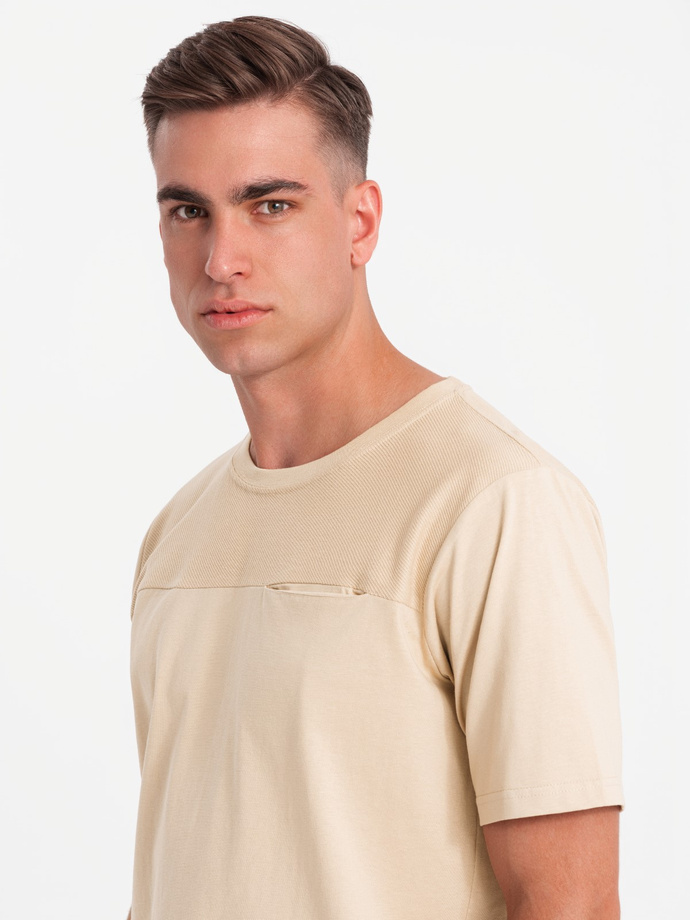 Pánske tričko LOOSE FIT s vreckom - béžové V1 OM-TSCT-0171 
