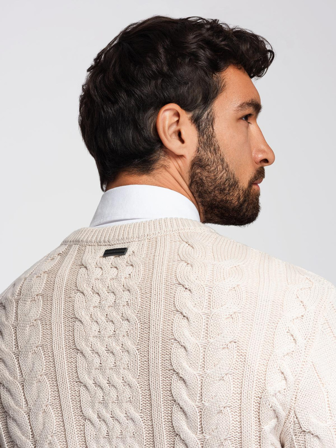 Elegant men's sweater with interesting weave - ecru V1 OM-SWSW-0173