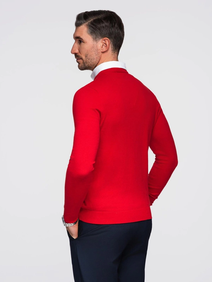 Men's sweater with a "v-neck" neckline with a shirt collar - red V4 OM-SWSW-0102