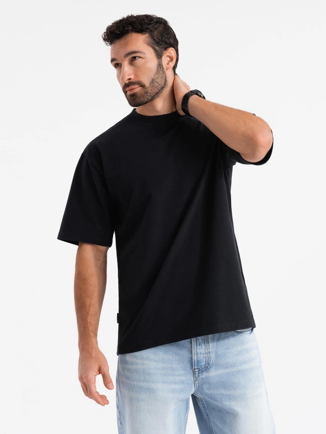 Tricou LOOSE FIT din bumbac pentru bărbați cu decolteu rotund - negru V1 OM-TSBC-0234