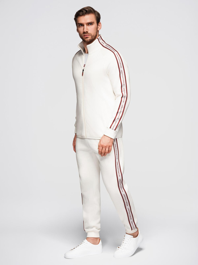 Men's unbuttoned sweatshirt with piping and high collar - cream V2 OM-SSZP-0224