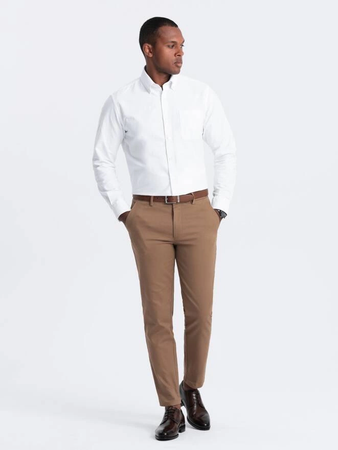 Pantaloni chino SLIM FIT pentru bărbați SLIM FIT cu textură fină - maro V2 OM-PACP-0190