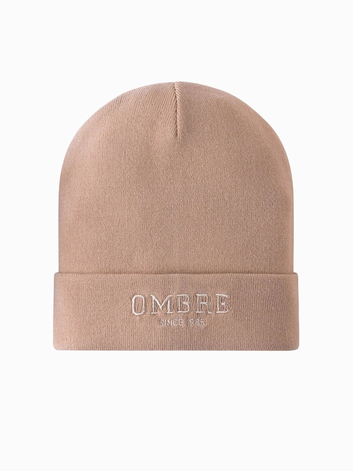 Men's knitted beanie cap with embroidered inscription - sand V6 OM-ACWH-0120