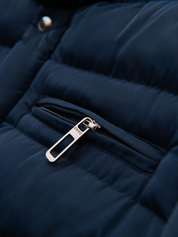 Pánska prešívaná bunda so stojačikom a zipsami na hrudi - tmavomodrá V2 OM-JALP-0260