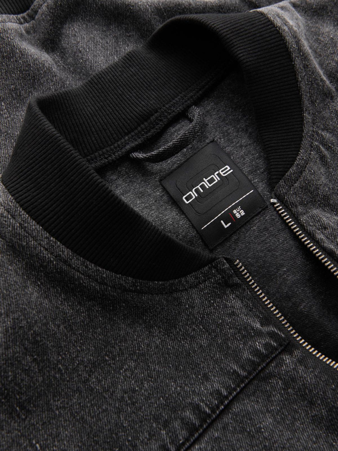 Pánská džínová bunda bomber s efektem stone wash - černá V2 OM-JADJ-0163