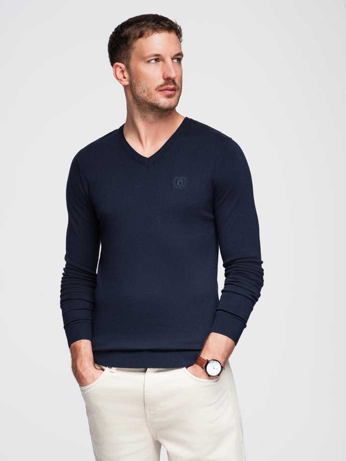 Pulover elegant BASIC pentru bărbați, cu guler în V, din viscoză - albastru marin V2 OM-SWBS-0107