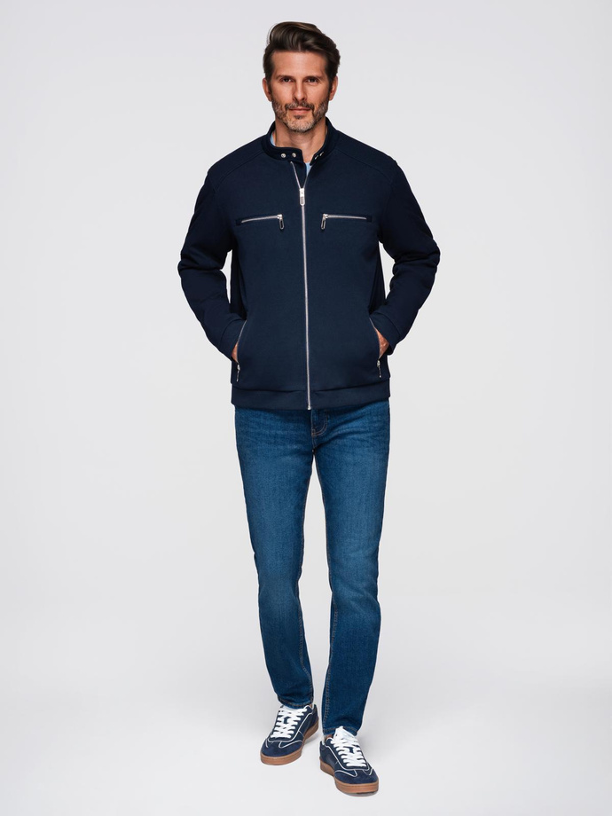 Men's biker jacket with collar and pockets - navy blue V1 OM-JALP-0157