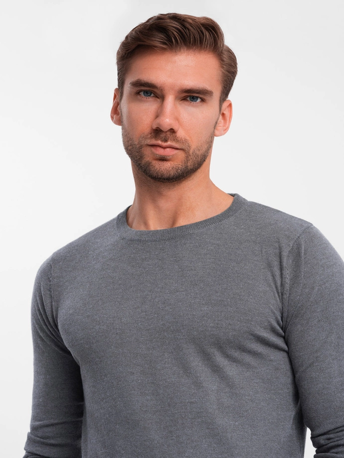 Classic BASIC men's viscose sweater with round neckline - grey melange V1 OM-SWBS-0106