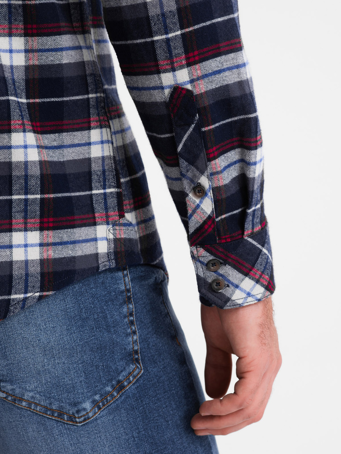 Pánská kostkovaná flanelová košile s kapsami - tmavě modrá a červená V2 OM-SHCS-0149