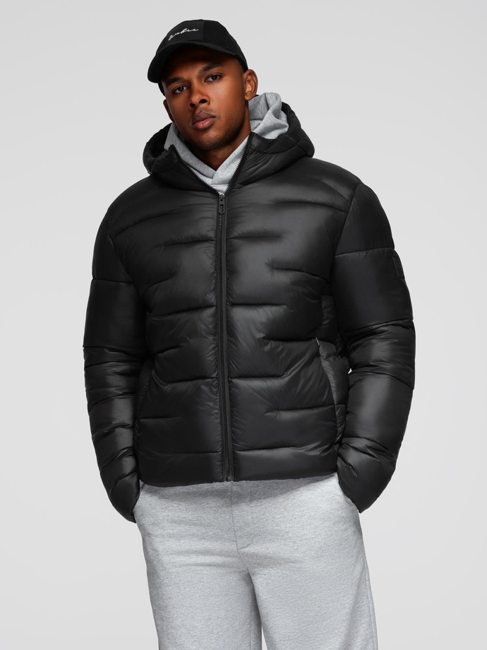 Men's quilted puffer jacket with hood - black V1 OM-JAHP-0235