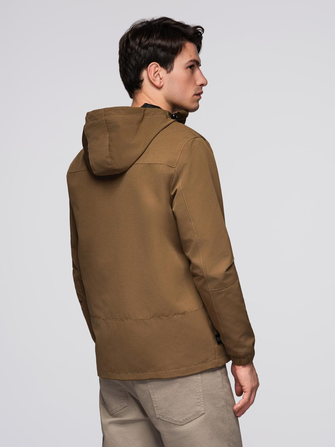 Pánska ľahká bunda s nepremokavou úpravou a kapucňou - hnedá V2 C638