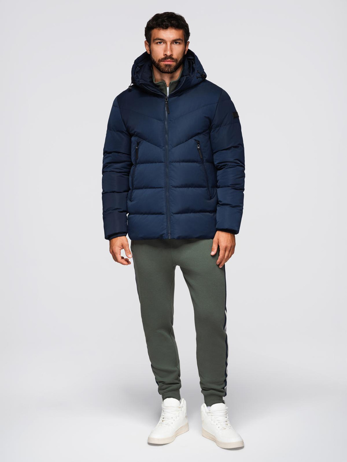 Pánska bunda s asymetrickým prešívaním a kapucňou - tmavomodrá V4 OM-JAHP-0304