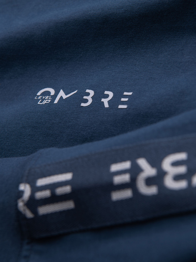 Men's cotton U-neck longsleeve with piping and chest print - dark blue V1 OM-LSCL-0127