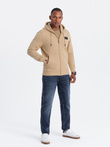 Men's unbuttoned sweatshirt with hood and patch - sand V2 OM-SSZP-0140