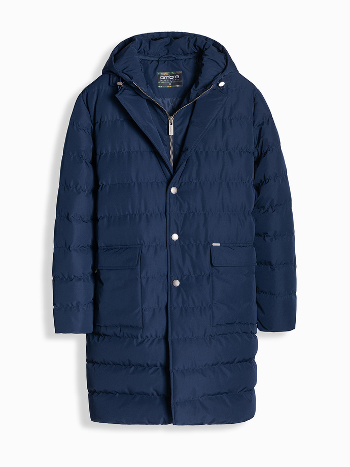 Vyriška ilga dygsniuota striukė su atvartais ir pamušalu - tamsiai mėlyna V1 OM-JALJ-0177