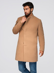 Men's coat with asymmetrical fastening and high collar - light brown V4 OM-COWC-0141