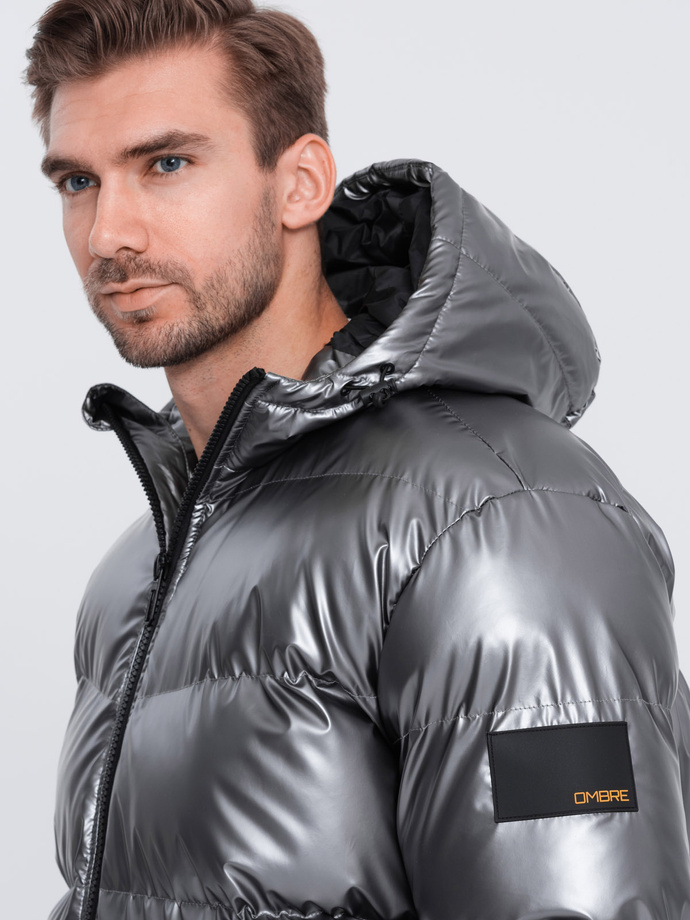 Men's glossy puffer jacket with hood - graphite V2 OM-JAHP-0129
