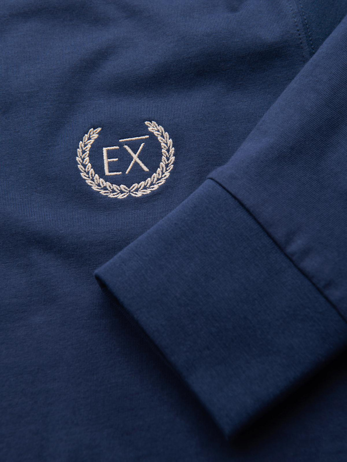 Men's cotton longsleeve with striped U neckline and embroidery - dark blue V3 OM-LSCL-0128