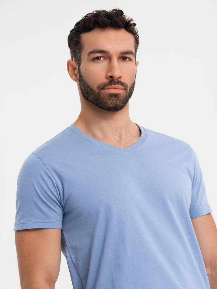 Bumbac clasic pentru bărbați BASIC tricou cu guler în V - maro V10 OM-TSBS-0145