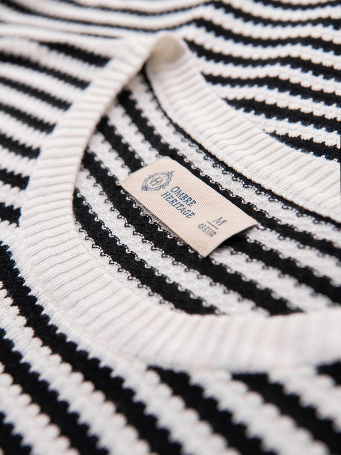 Men's knitted t-shirt with navy stripes and openwork weave - black and white V1 OM-TSCT-0255