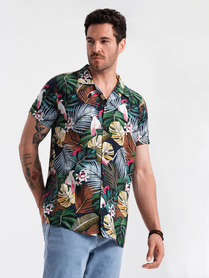 Men's short sleeve patterned viscose shirt - jungle V10 OM-SHPS-0113