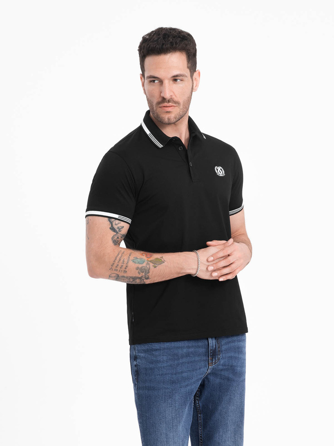 Tricou polo pentru bărbați din elastan cu elemente contrastante - negru V2 OM-POSS-0123