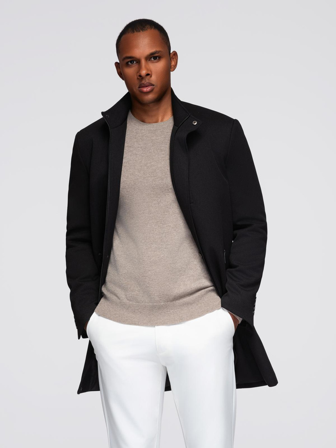 Pánsky vypasovaný štruktúrovaný kabát s vysokým golierom - čierny V1 OM-COWC-0136