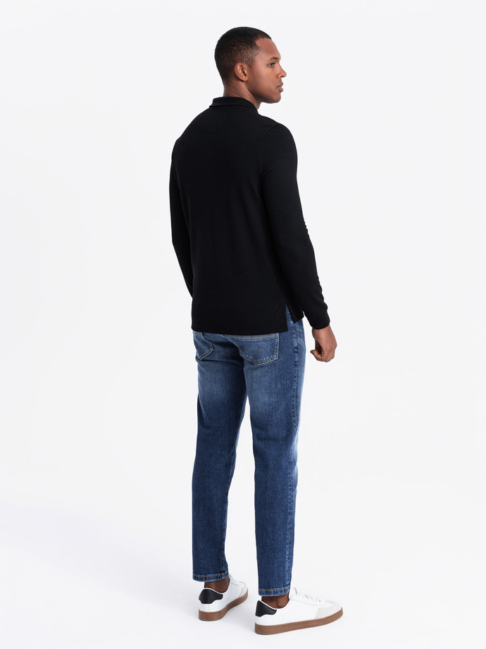 Polo bărbătesc structurat cu mânecă lungă și patch-uri - negru V1 OM-POLS-0131