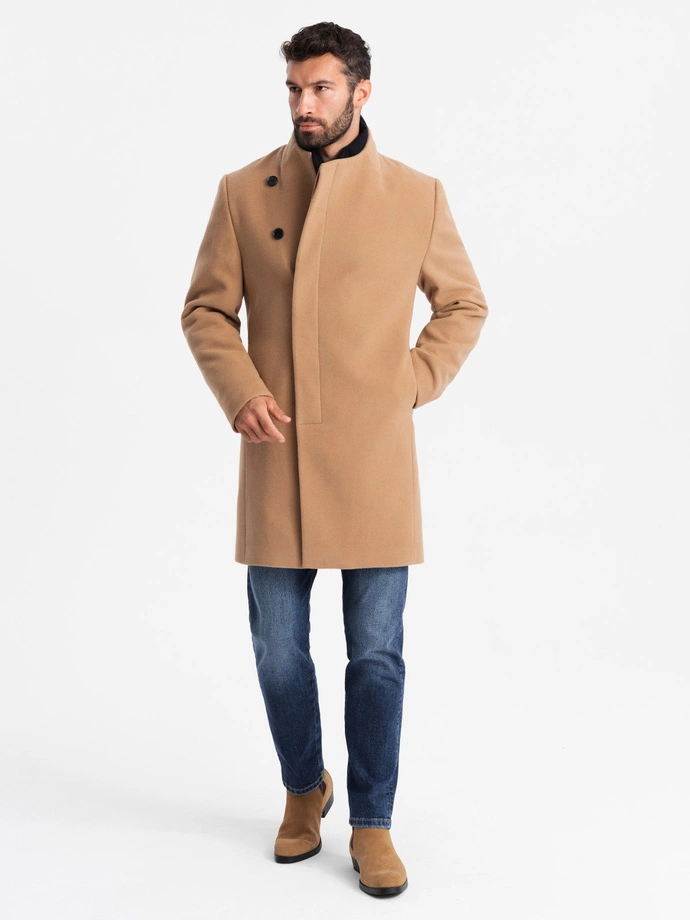 Men's coat with asymmetrical fastening and high collar - light brown V4 OM-COWC-0120