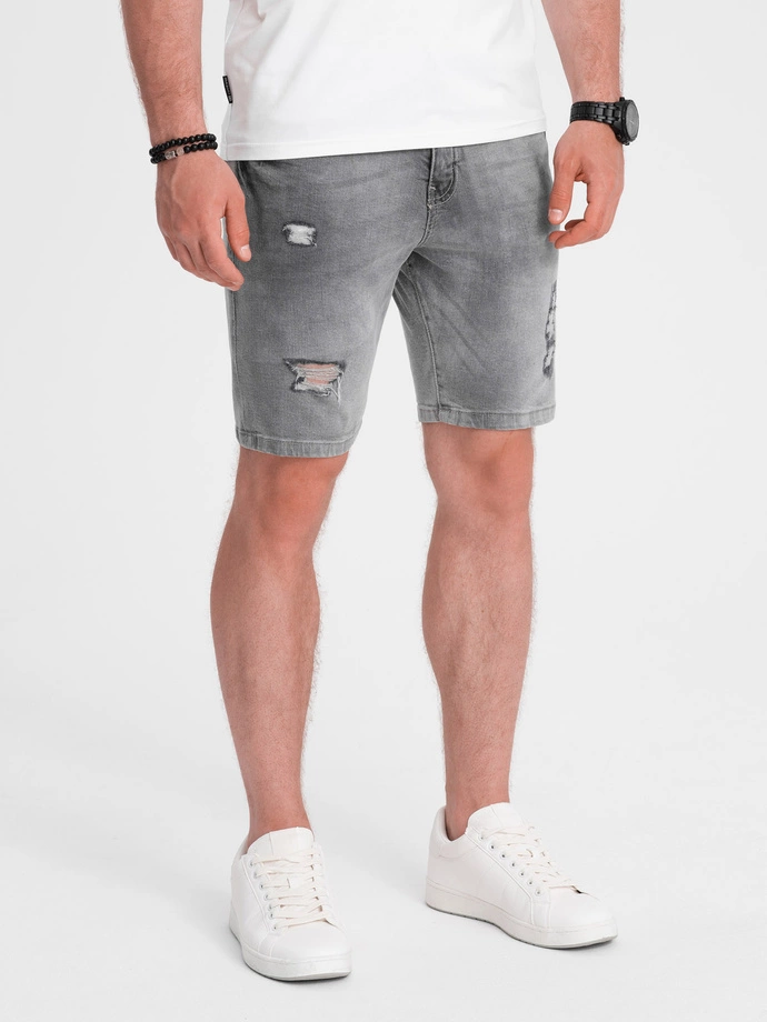 Men's denim short shorts with holes - gray V2 OM-SRDS-0146