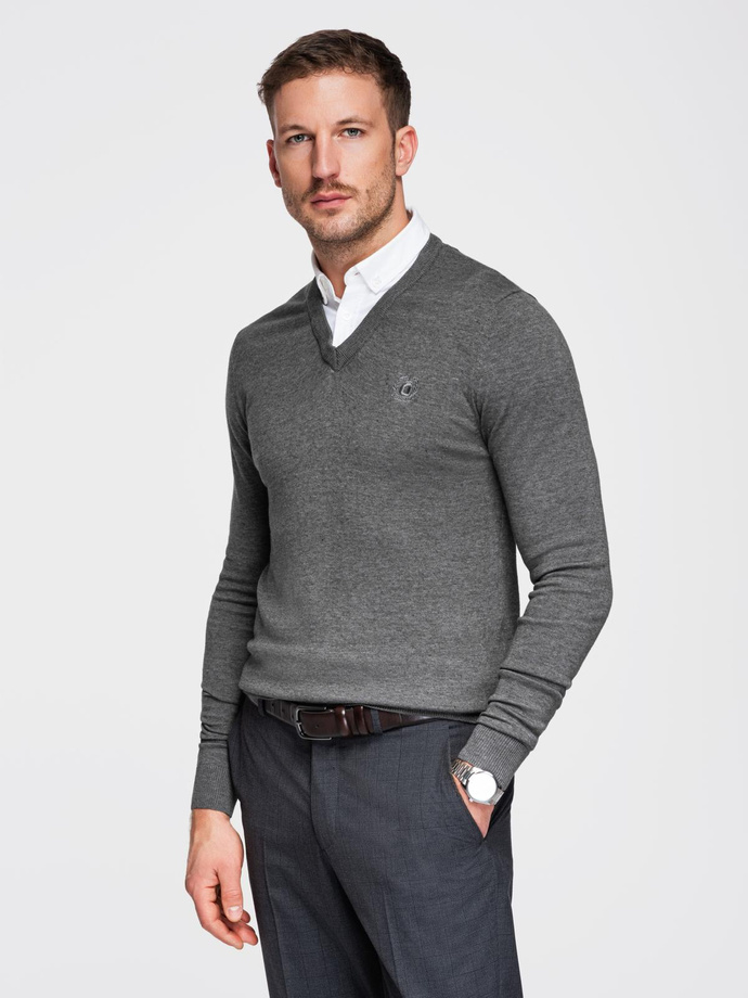 Men's sweater with a "v-neck" neckline with a shirt collar - graphite V3 OM-SWSW-0102