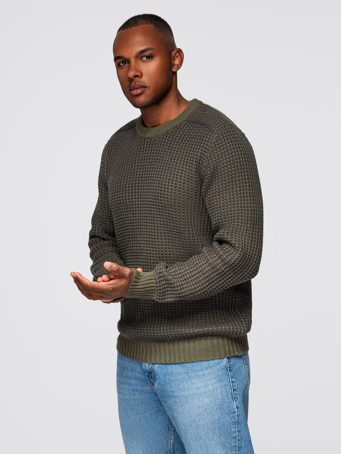 Men's contrast weave sweater with round neckline - dark olive V2 OM-SWSW-0122