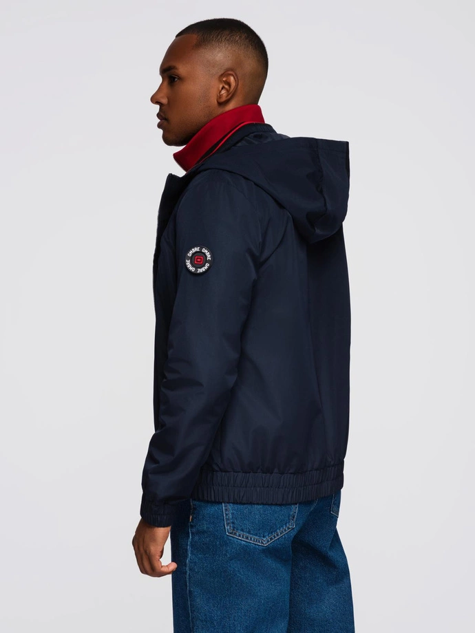 Men's jacket with hood and high collar - navy blue V2 OM-JANP-0222