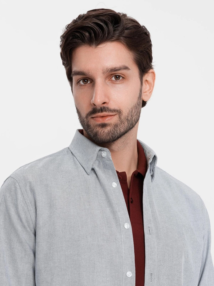 Cămașă oxford elegantă pentru bărbați cu broderie - gri deschis V2 OM-SHOS-0172