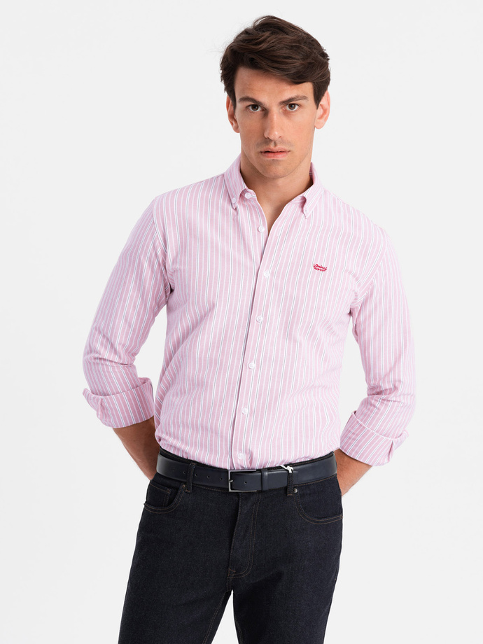 Men's cotton REGULAR FIT shirt with fine stripes - pink V2 OM-SHOS-0170
