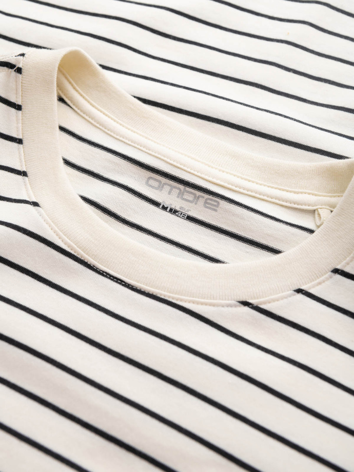Men's striped t-shirt with patch by Ombre Design - cream and black V1 OM-TSCT-0183