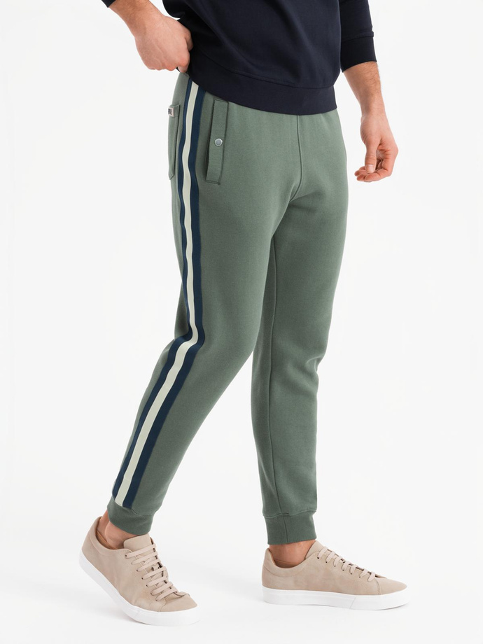 Men's sweatpants with piping and leg ribbing - olive V2 OM-PASK-0258