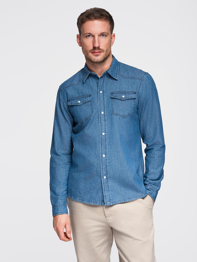 Cămașă bărbătească din denim cu buzunare și fermoar frontal - albastru V2 OM-SHDS-0210