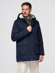 Men's long parka jacket with sheepskin - navy blue V2 OM-JAPJ-0316