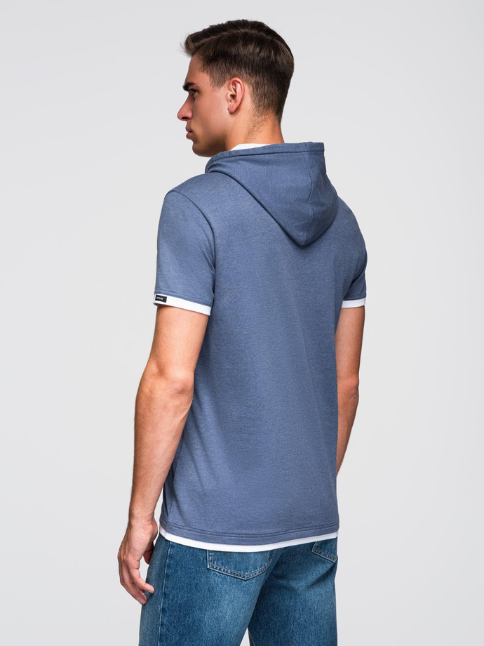Men's hooded cotton t-shirt - dark blue melange V12 OM-TSCT-0256