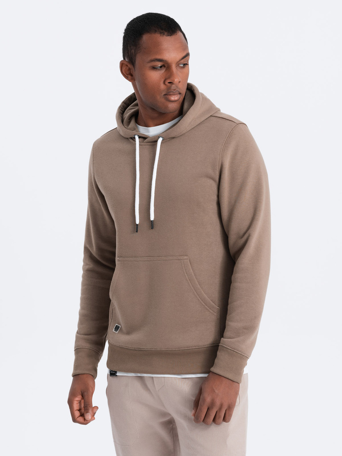 Men's non-stretch hooded sweatshirt - light brown V8 OM-SSBN-0120