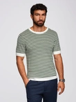 Men's knitted t-shirt with navy stripes and openwork weave - olive and white V3 OM-TSCT-0255